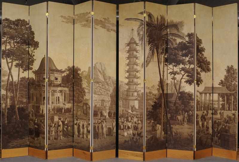 Appraisal: PAIR OF FRENCH GRISAILLE WALLPAPER SCREENS ZUBER Each of five