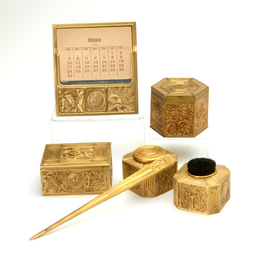 Appraisal: TIFFANY STUDIOS Assembled desk set in the Bookmark pattern calendar