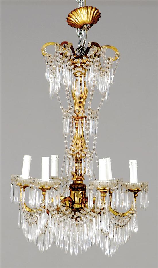 Appraisal: Crystal-mounted giltwood and metal six-light chandelier first half th century