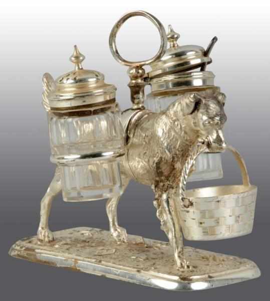 Appraisal: Silver Plated Condiment Holder Description Dog holding basket in mouth