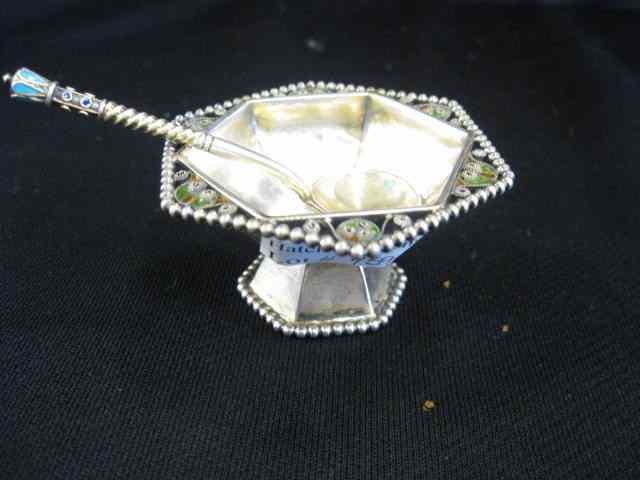 Appraisal: Russian Enameled Sterling Silver Salt Cellar spoon pedestal base hexagon