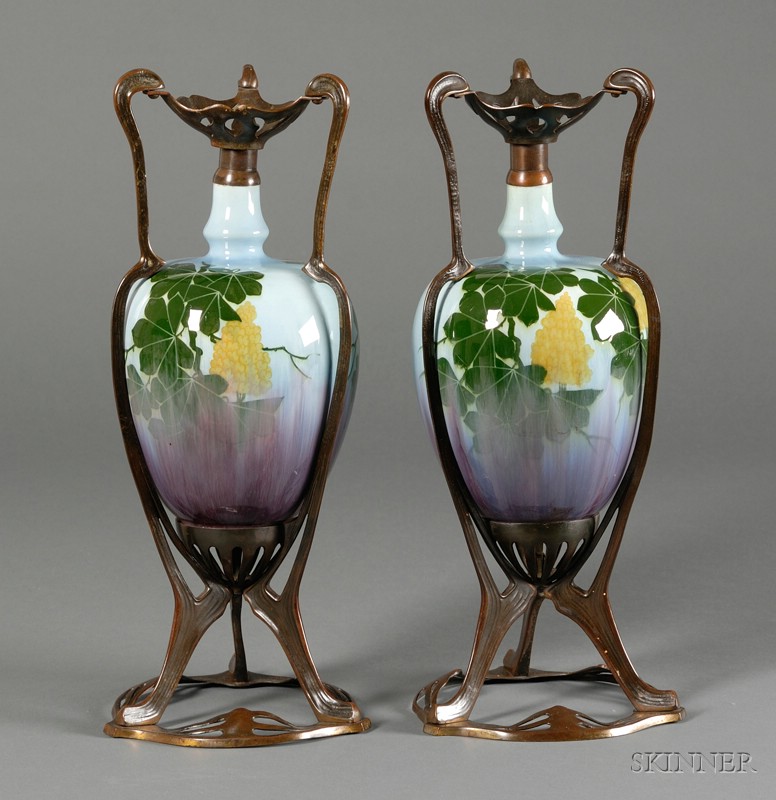 Appraisal: Pair of Art Nouveau Vases with Metal Mounts Porcelain and