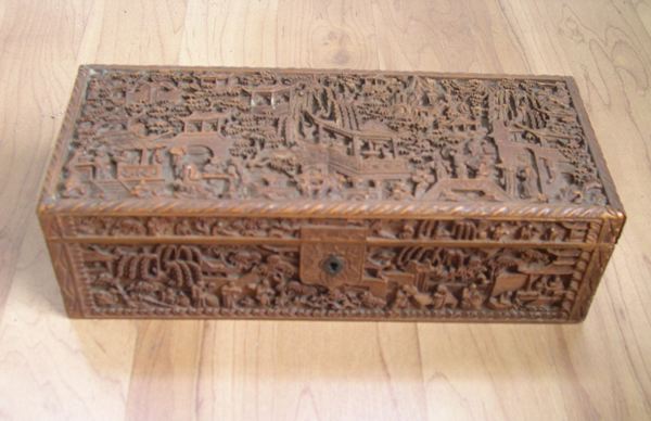 Appraisal: Kuang Hsu Elaborately Carved Wooden Box in Mandarin Garden decor