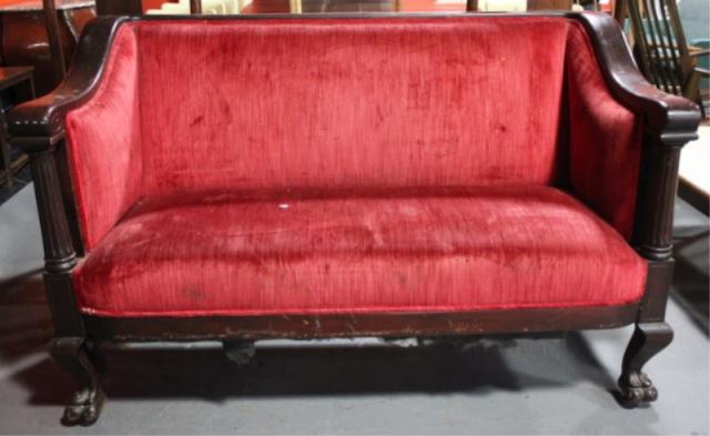 Appraisal: Mahogany Upholstered Claw Foot Settee From a Park Ave NYC