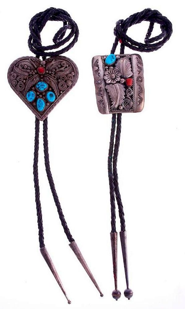 Appraisal: NAVAJO BOLOS Two Vintage Navajo bolo ties turquoise coral and