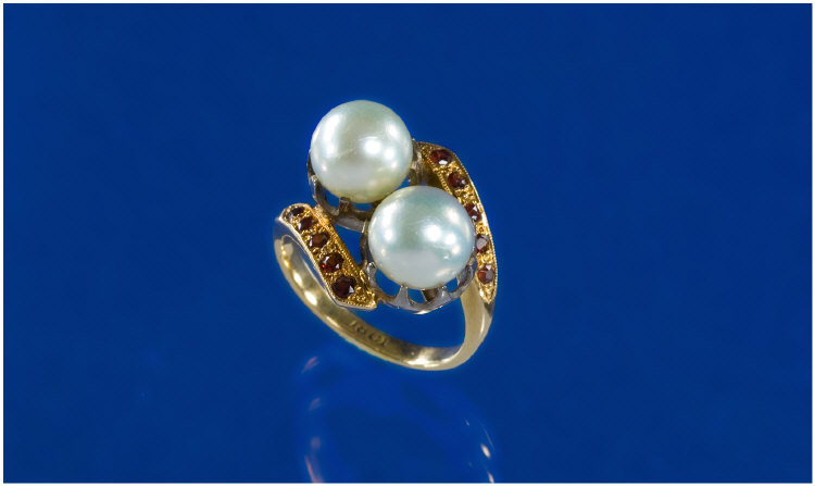 Appraisal: ct Gold Pearl Garnet Ring Two Central Large Pearls mm