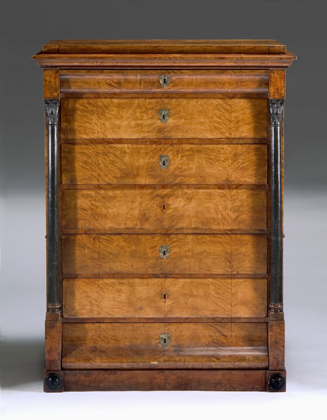 Appraisal: French Empire satin walnut tall chest of drawers th century