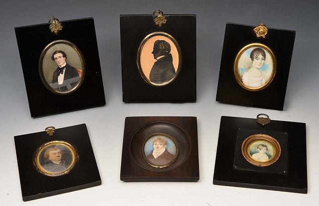 Appraisal: A GROUP OF SIX MINIATURE FAMILY PORTRAITS including a silhouette