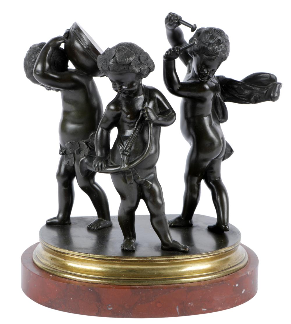 Appraisal: FRENCH BRONZE FIGURAL GROUPafter Clodion modeled as three cherubs dancing