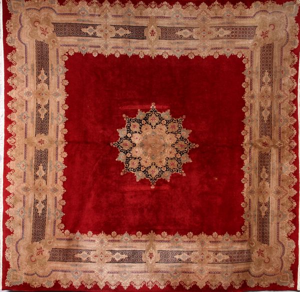 Appraisal: Semi Antique Persian Kerman rug having a red field '