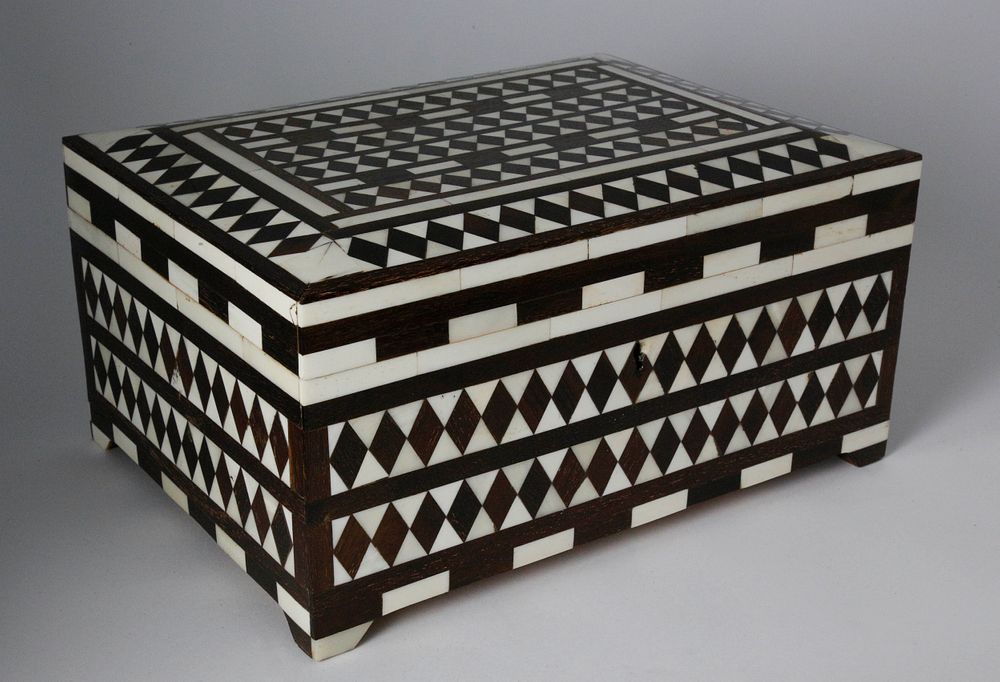 Appraisal: Camel Bone and Wood Inlaid Storage Box Camel Bone and