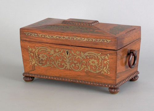 Appraisal: Regency rosewood and brass inlaid tea caddy early th c