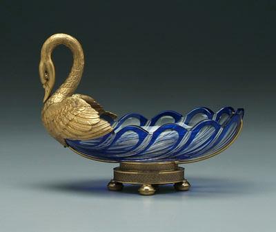 Appraisal: Bronze and glass swan dish cobalt cut to clear glass