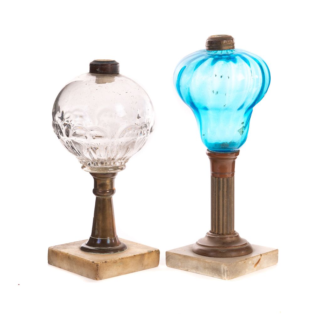 Appraisal: Pair Early American Pressed and Art Glass Oil Lamps Pair