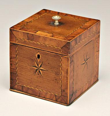 Appraisal: Finely inlaid tea box fruitwood multi-colored barberpole and burlwood banded