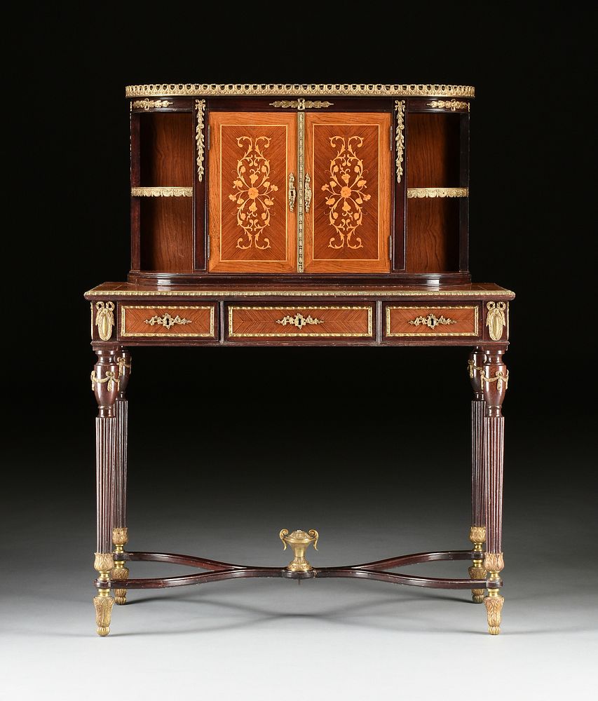 Appraisal: AN ENGLISH ORMOLU MOUNTED AND MARQUETRY INLAID MAHOGANY BONHEUR DU