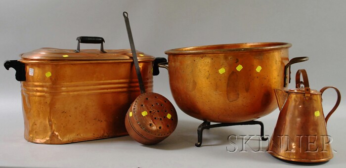 Appraisal: Four Copper Hearth Items a large kettle with wrought iron