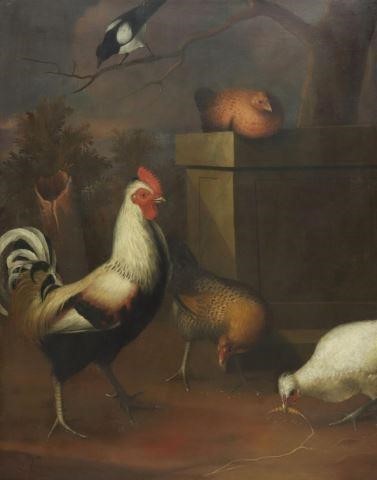 Appraisal: Framed oil on canvas painting cockerel chickens and magpie in