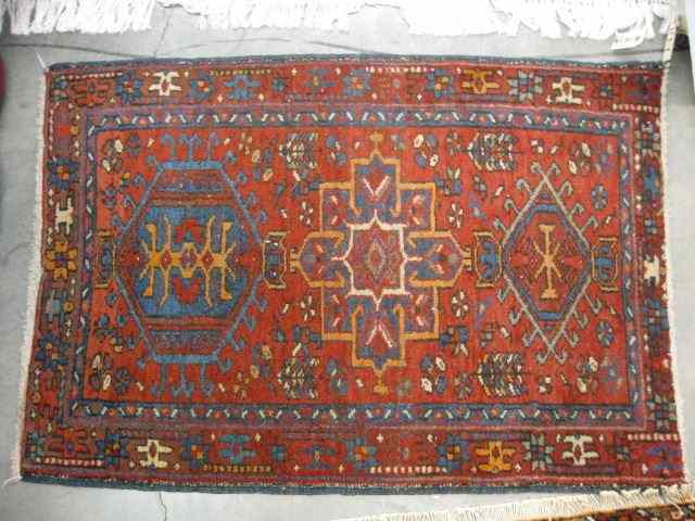 Appraisal: Heriz Persian Handmade Mat geometrics red field ' '' x