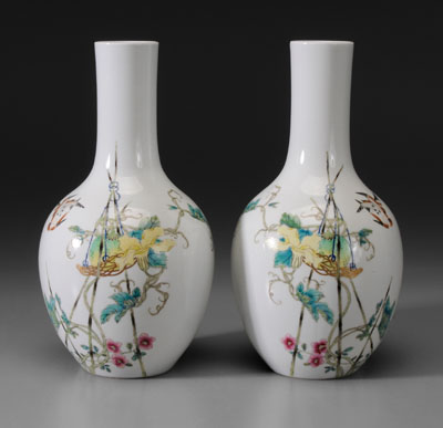 Appraisal: Two Porcelain Bottle Vases Chinese Republic period mirror-image two birds