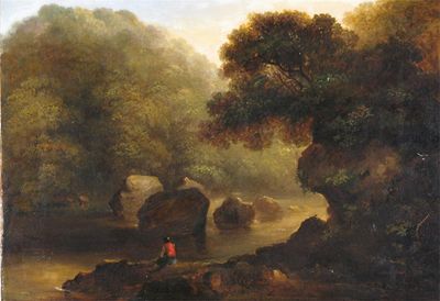 Appraisal: James Arthur O'Connor - Wooded river landscape with traveller resting