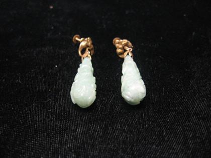 Appraisal: Jade drop earrings Long tear drop shaped earrings with yellow