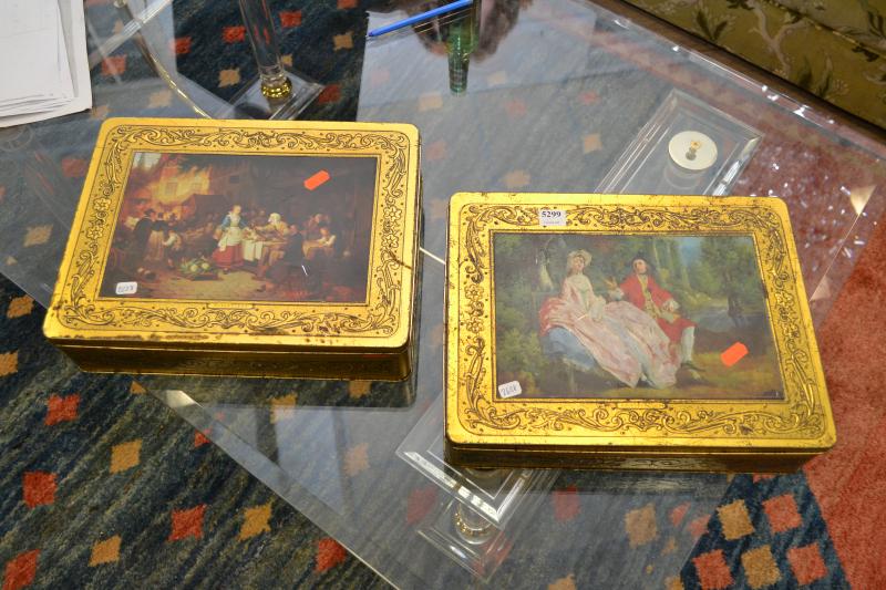 Appraisal: TWO DECORATIVE FRENCH TINS WITH CLASSICAL SCENES TWO DECORATIVE FRENCH