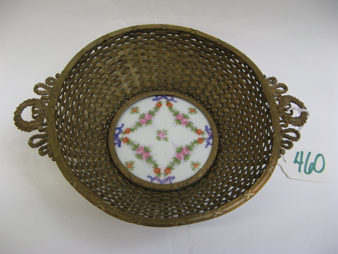 Appraisal: FRENCH GILT BRONZE WOVEN BASKET wreath handles hand enameled porcelain