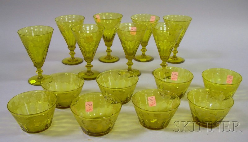 Appraisal: Set of Eight Bohemian Amber Grapevine Etched Glass Goblets and