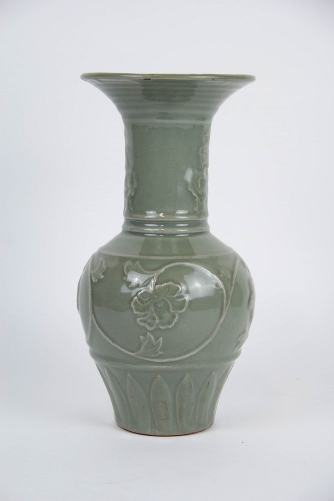 Appraisal: A Longquan Molded 'Peony' Vase Greyish-green glazed body with molded