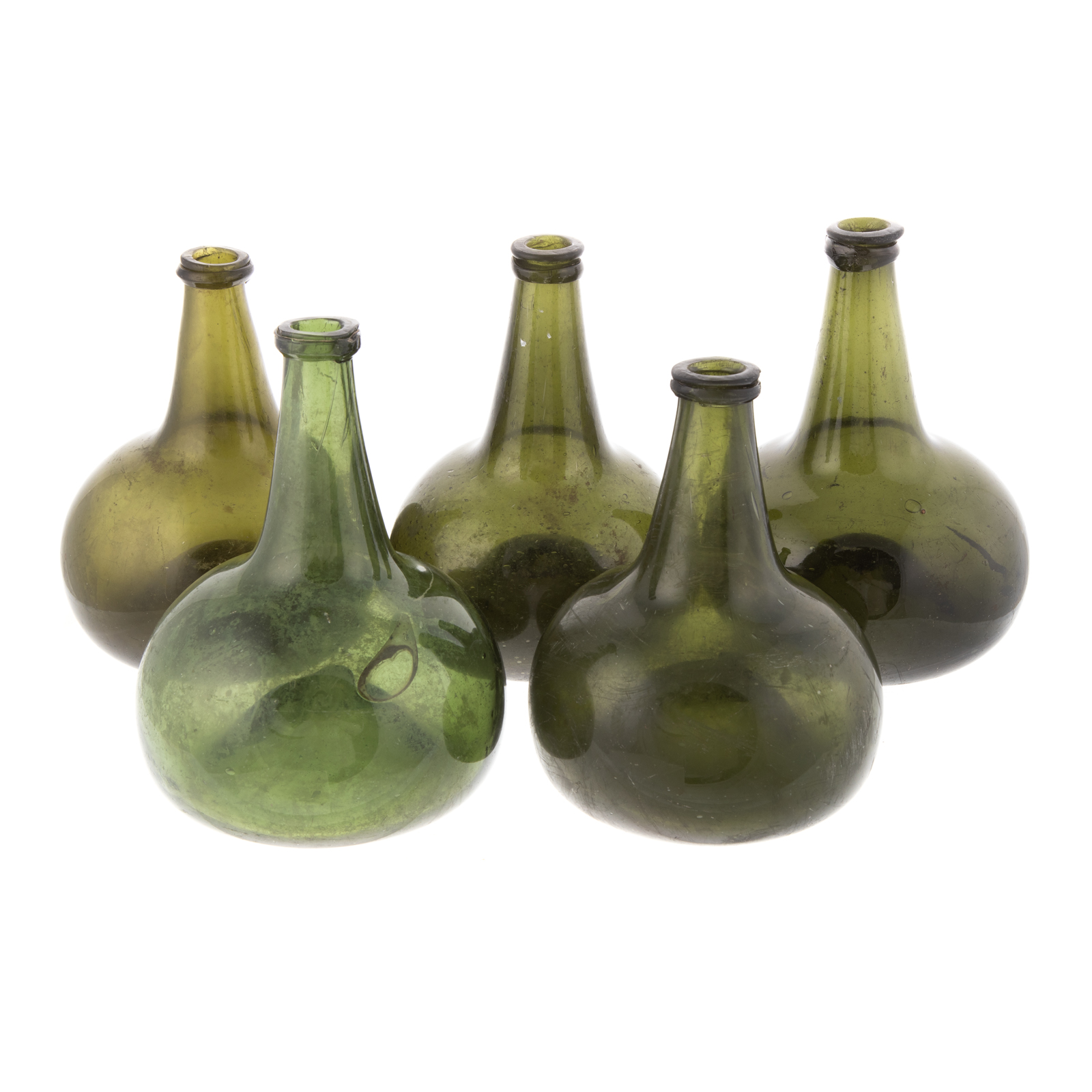 Appraisal: FIVE DUTCH GREEN OLIVE GLASS ONION BOTTLES th century mold