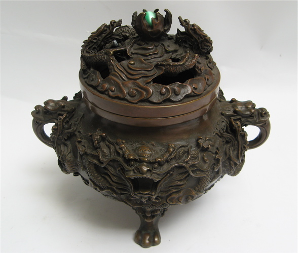 Appraisal: BRONZE TRIPOD FOOTED CENSER having curved dragon head handles and