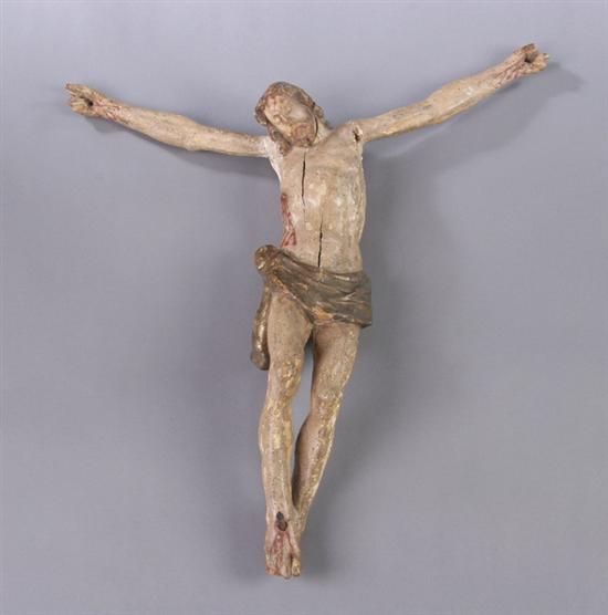 Appraisal: SPANISH CARVED AND PAINTED WOOD CRUCIFIX th- th century -