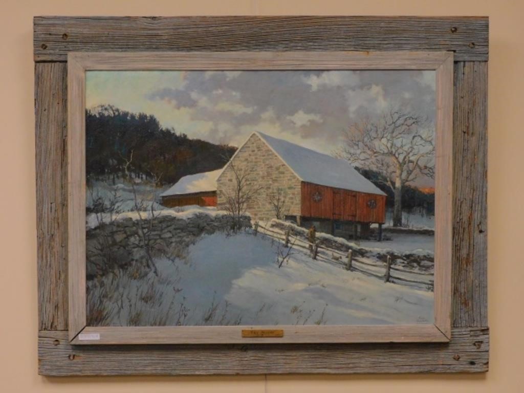 Appraisal: masonite board Winter landscape depicting a stone end barn hunter