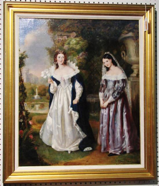 Appraisal: British school th century PORTRAIT OF GIRLS IN A GARDEN