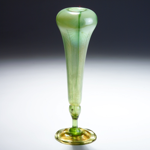 Appraisal: TIFFANY Favrile glass floriform vase with green pulled-feather decoration on