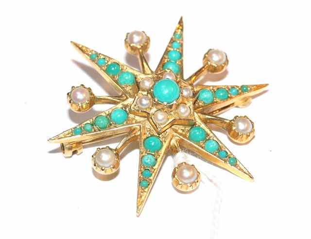 Appraisal: A CT GOLD STAR BROOCH set with turquoise and pearls