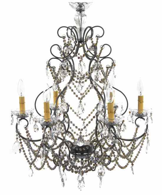 Appraisal: A Metal and Glass Six-Light Chandelier of cage form hung