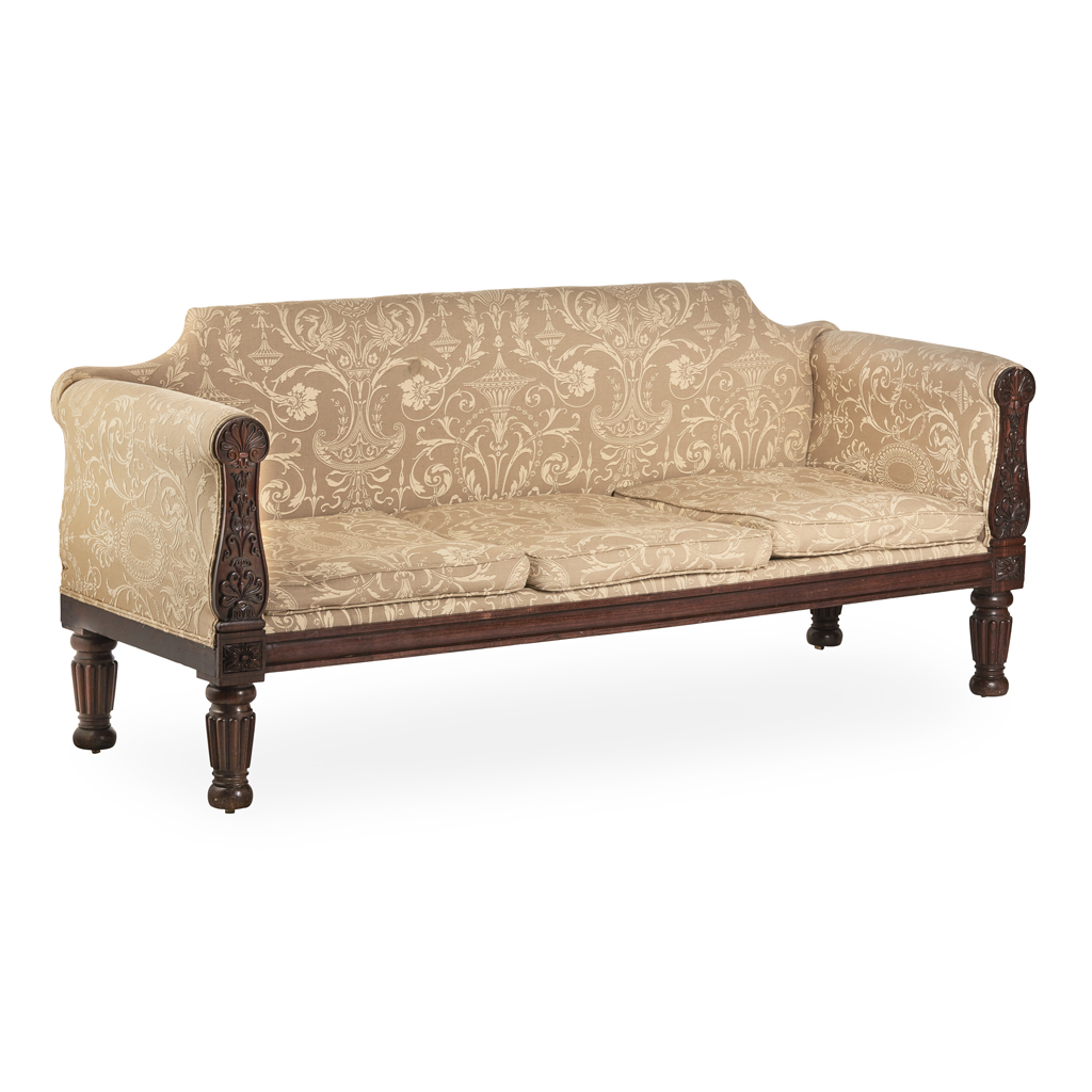 Appraisal: LATE REGENCY MAHOGANY FRAMED SOFA CIRCA the shaped rectangular low