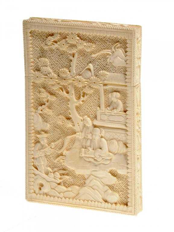 Appraisal: A CHINESE EXPORT IVORY CARD CASE AND COVER carved on