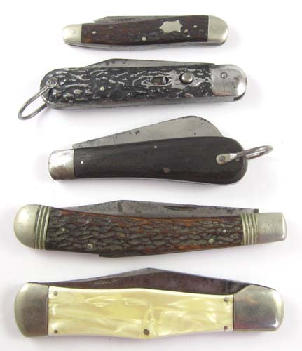 Appraisal: FIVE COLLECTABLE FOLDING KNIVES Western States V plastic pearl scales