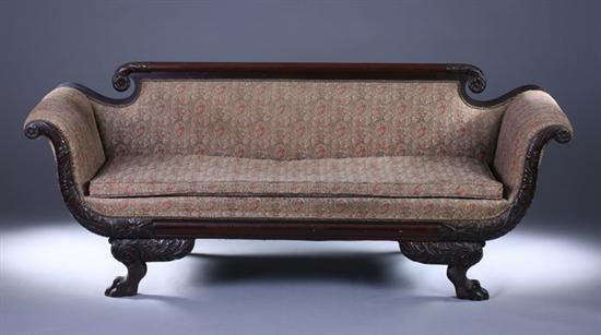 Appraisal: DUNCAN PHYFE STYLE CARVED MAHOGANY SOFA th century with nailed