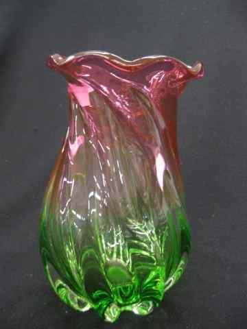 Appraisal: Art Glass Vase cranberry to clear to emerald '' swirling