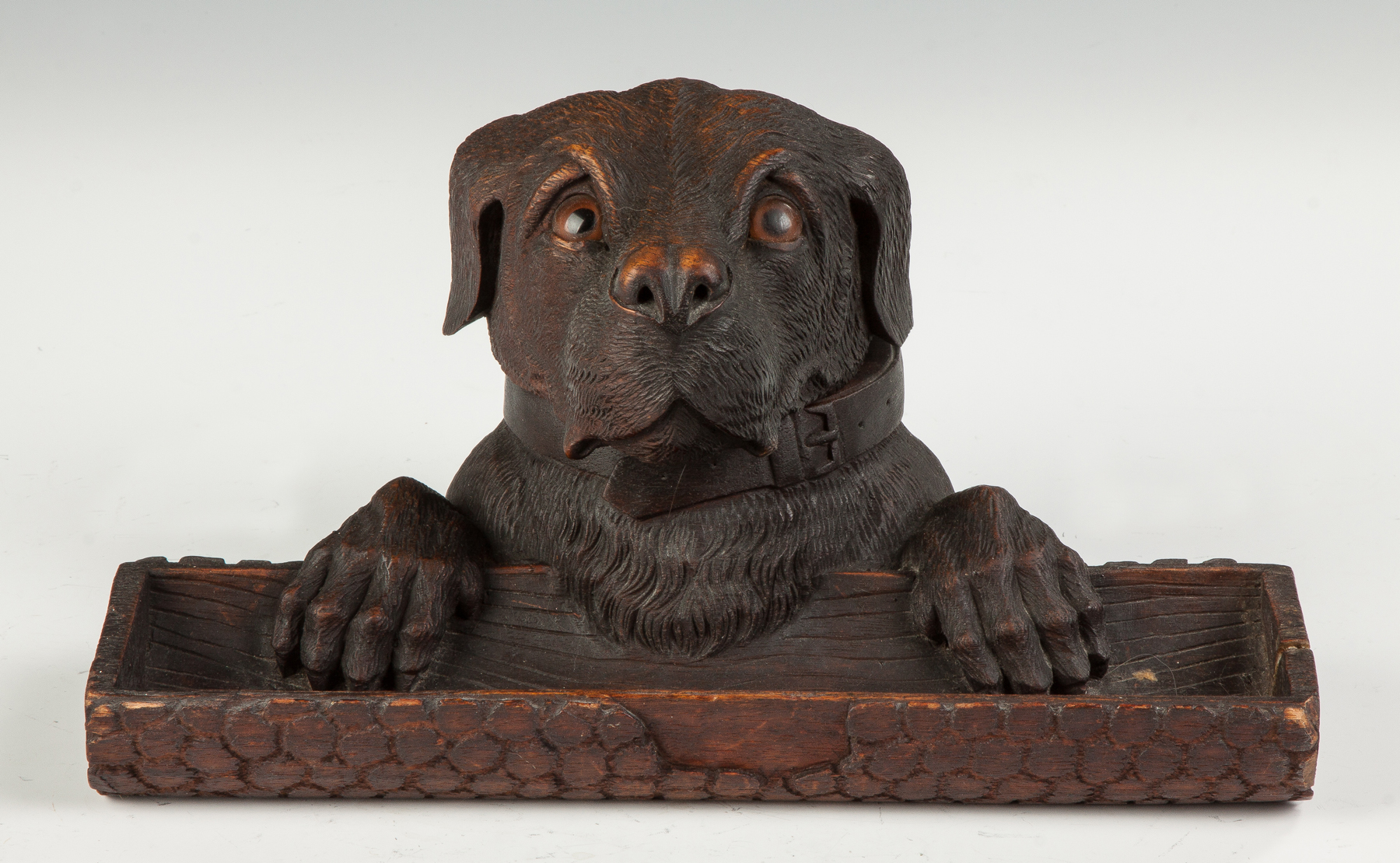 Appraisal: Black Forest Carved Wood Dog Inkwell and Pen Tray th