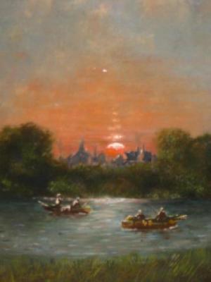 Appraisal: CONTINENTAL SCHOOL River Scenes with Boats and Figures a pair