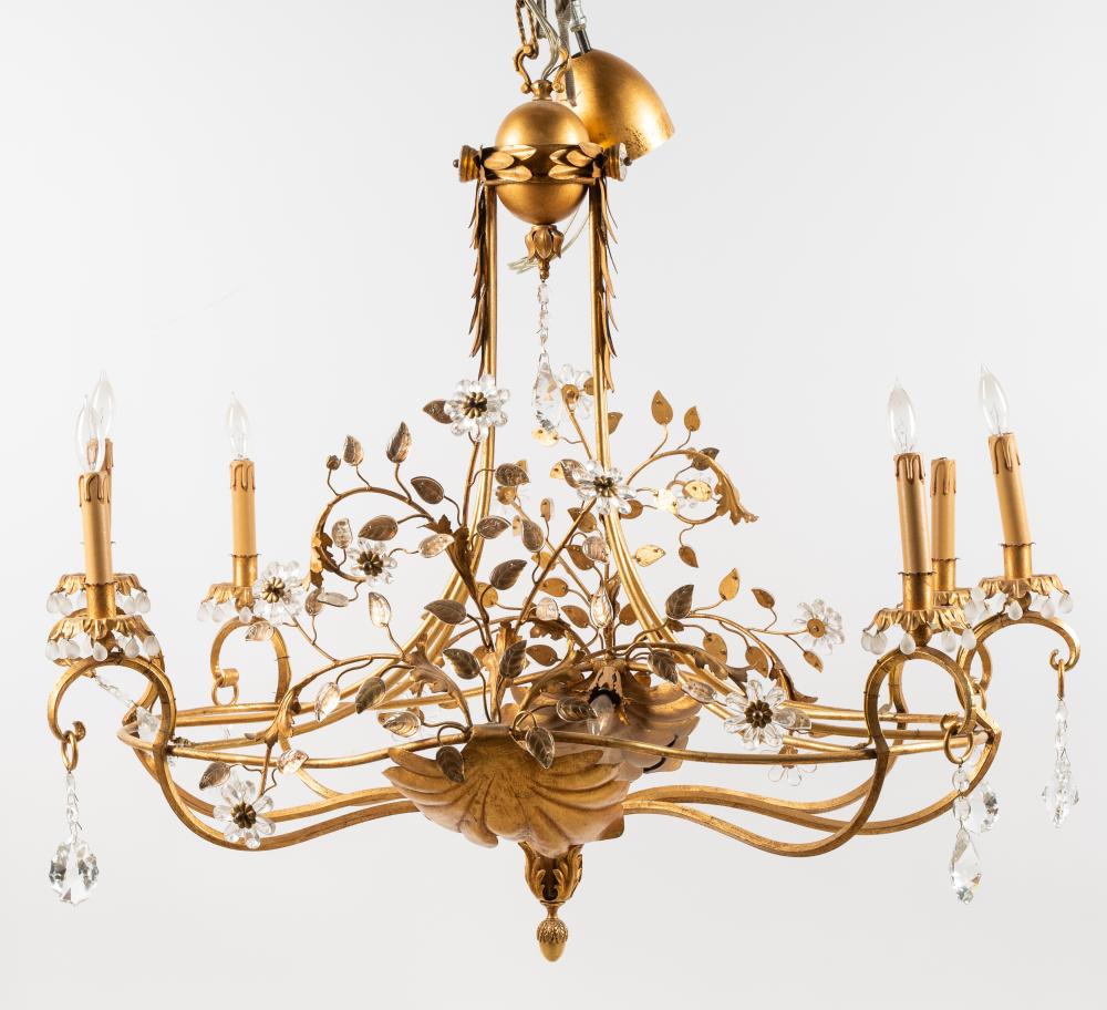 Appraisal: GILT METAL CRYSTAL SIX-LIGHT CHANDELIERoval-shaped Provenance from a private Pacific