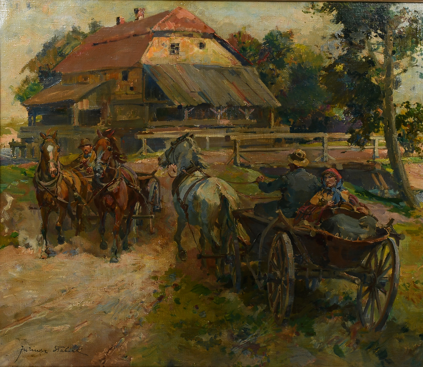 Appraisal: SLABIAK Julius Polish - Country Genre Scene with Horse-Drawn Carts