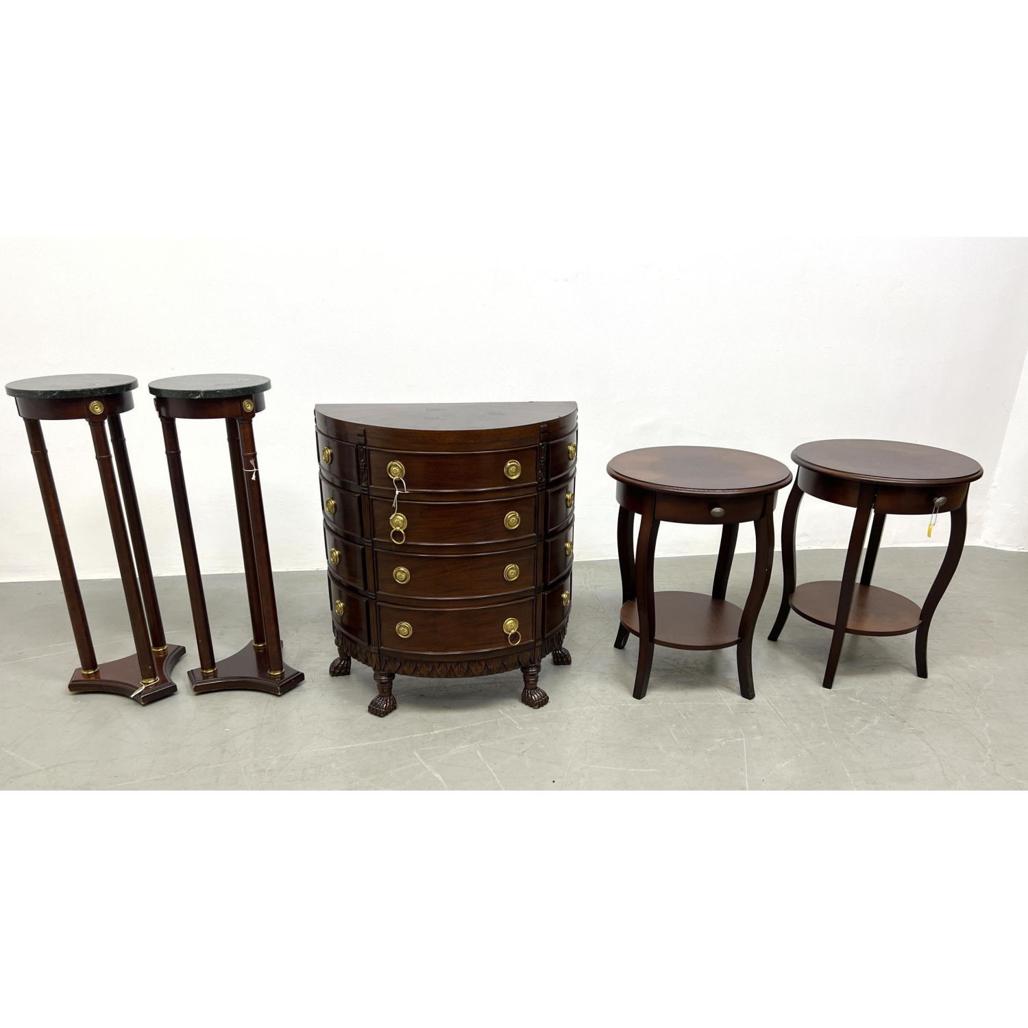 Appraisal: pc Mahogany Stands Tables and Small Demi Lune Chest Pr