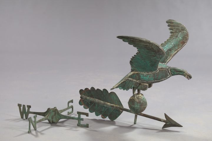 Appraisal: Small Patinated Copper Eagle Weathervane the bird perched atop a