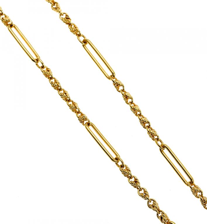 Appraisal: A GOLD GUARD CHAIN of rope pattern with long links